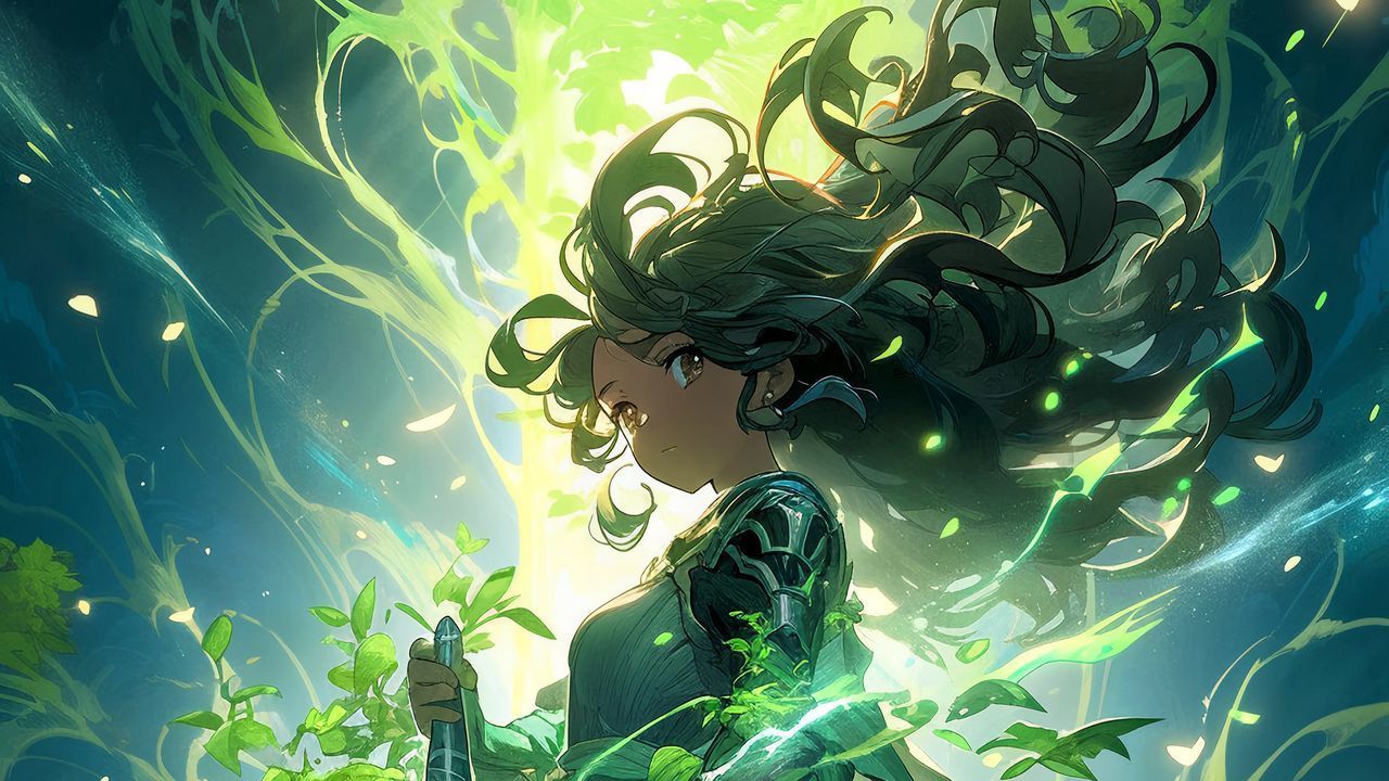 1280x720 Wallpaper girl, warrior, sword, hair, green, anime hd, picture, image
