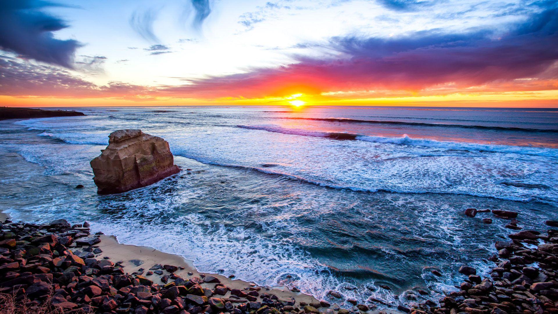 1920x1080 San Diego California Sunset Coast Stones Sandy Beach Ocean