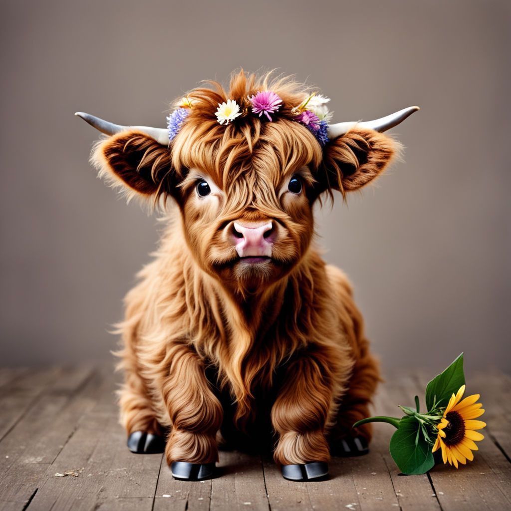 1024x1024 fluffy cow with tiny purple ears