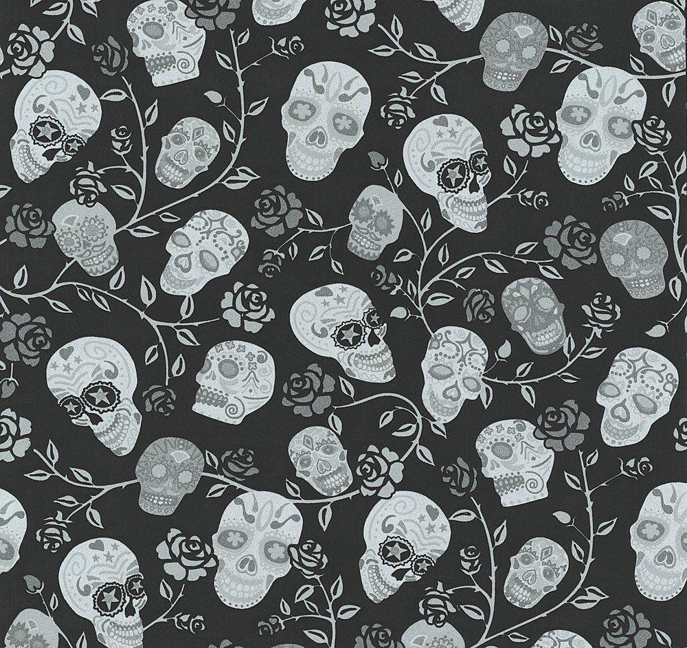 1000x943 P&S International Skulls Rose Pattern Wallpaper Glitter Mexican Motif Metallic (Black 13383 10)