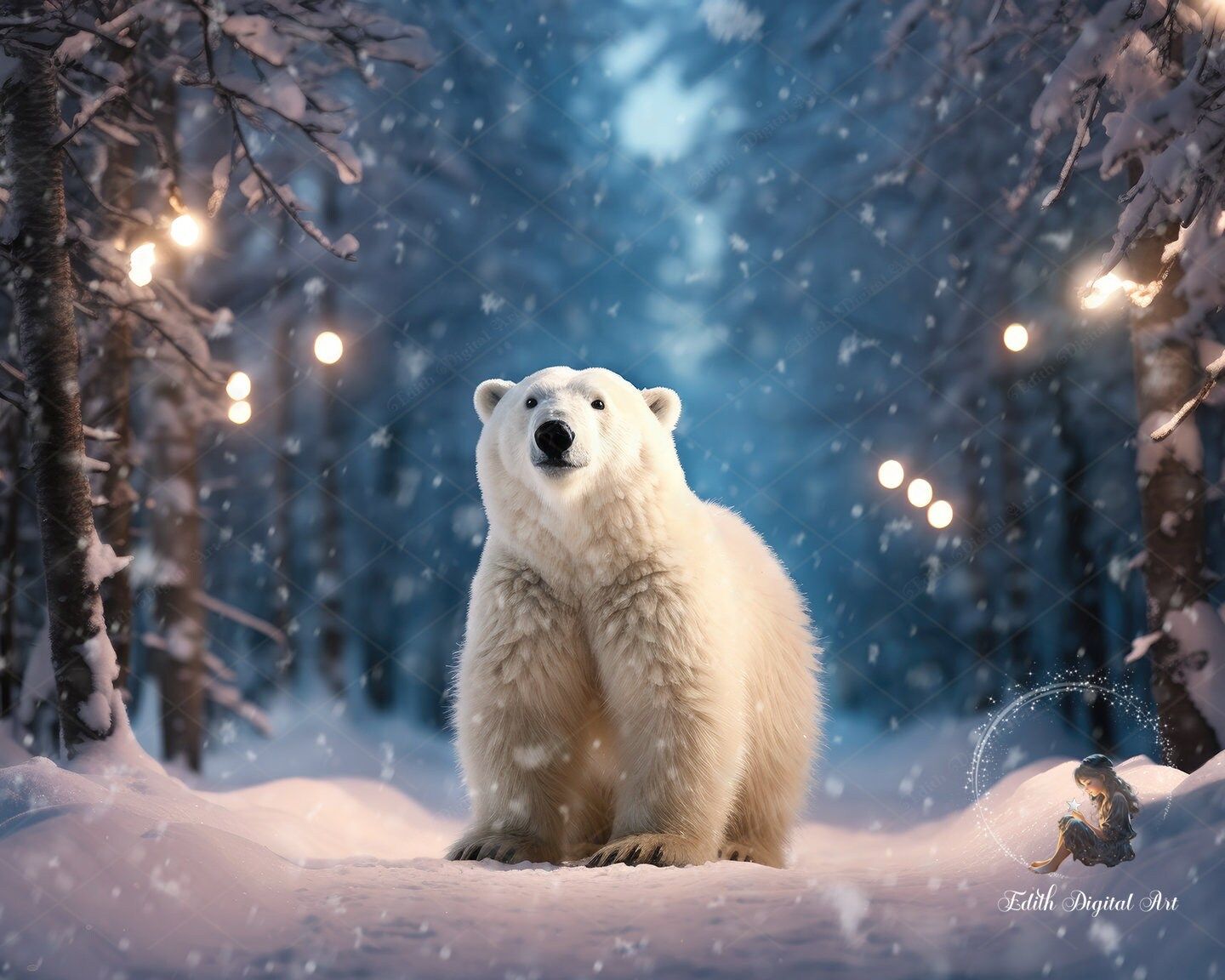 1440x1152 Polar Bear at Snowy Forest Backdrop