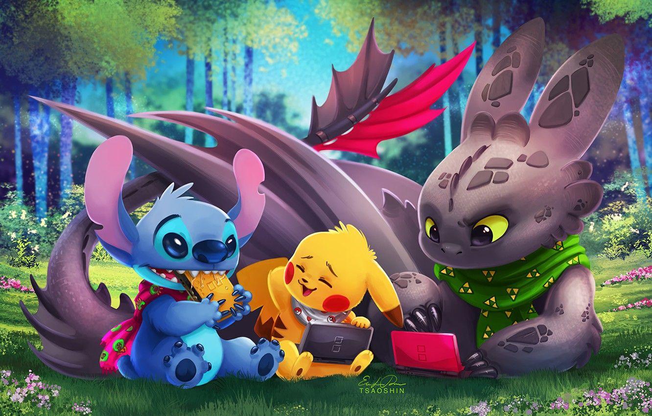 1332x850 Wallpaper Pokemon, Toothless, Pikachu, Crossover, Lilo & Stitch, How To Train Your Dragon image for desktop, section фильмы