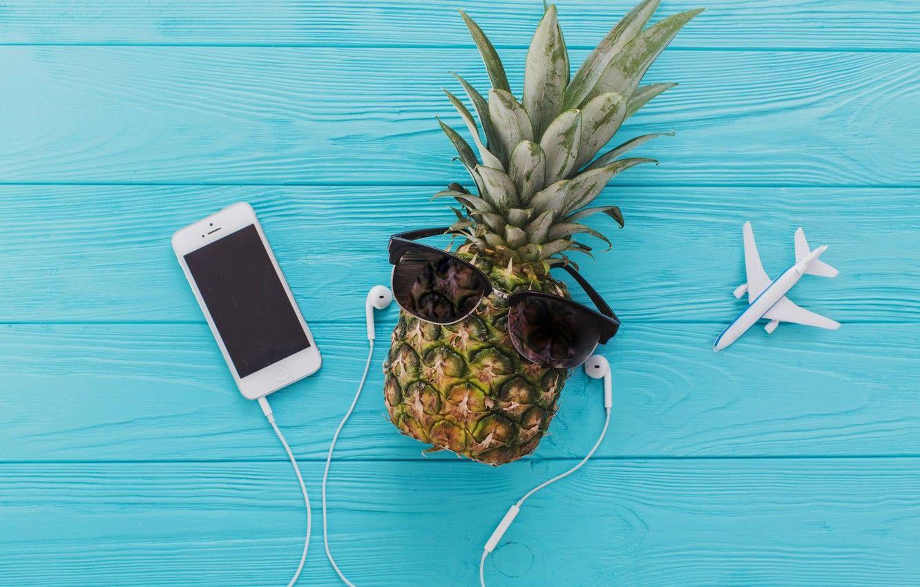 1332x850 Wallpaper the plane, blue, headphones, glasses, pineapple, wooden
