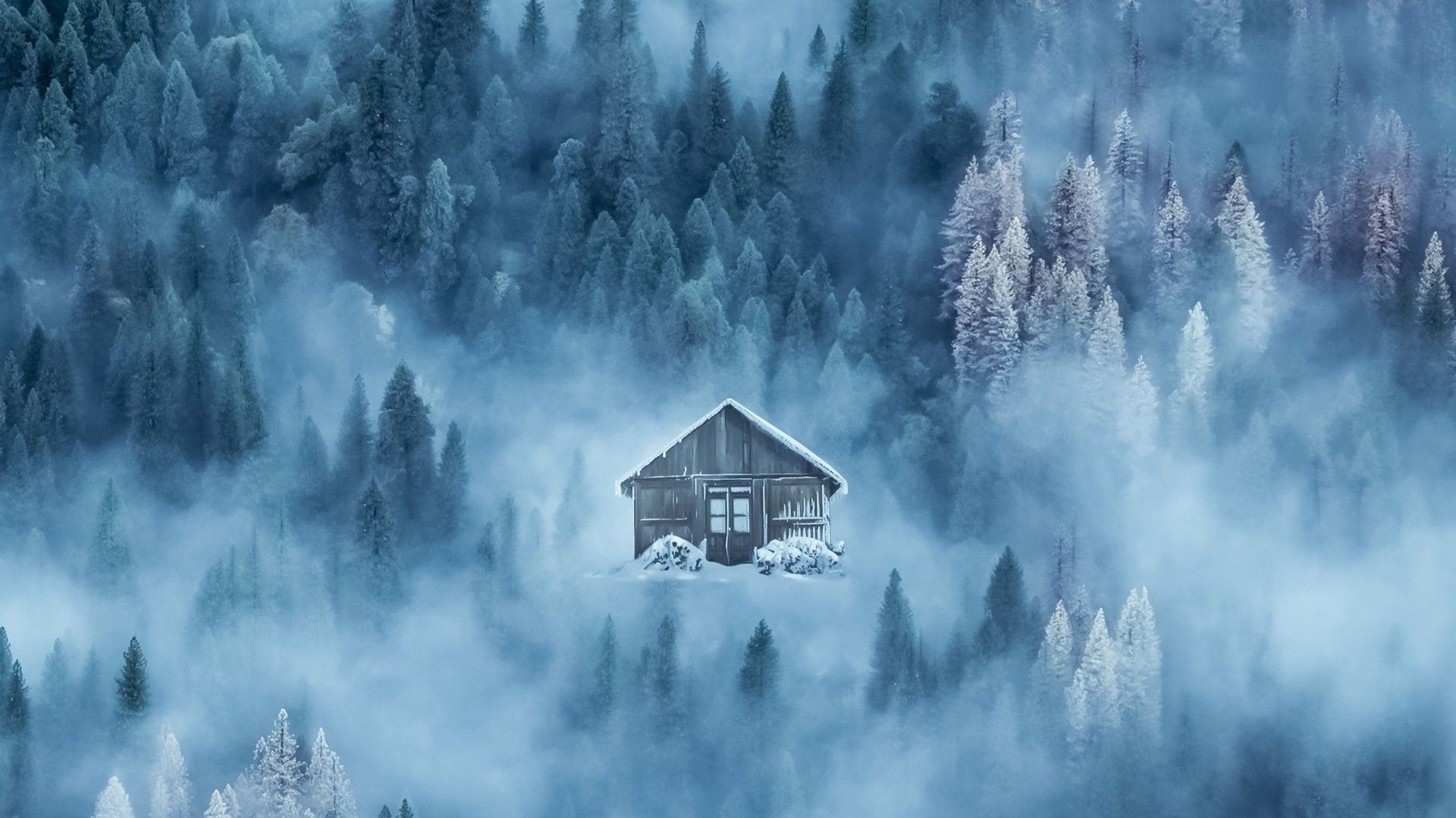 1920x1080 House, fog, snow, winter, forest