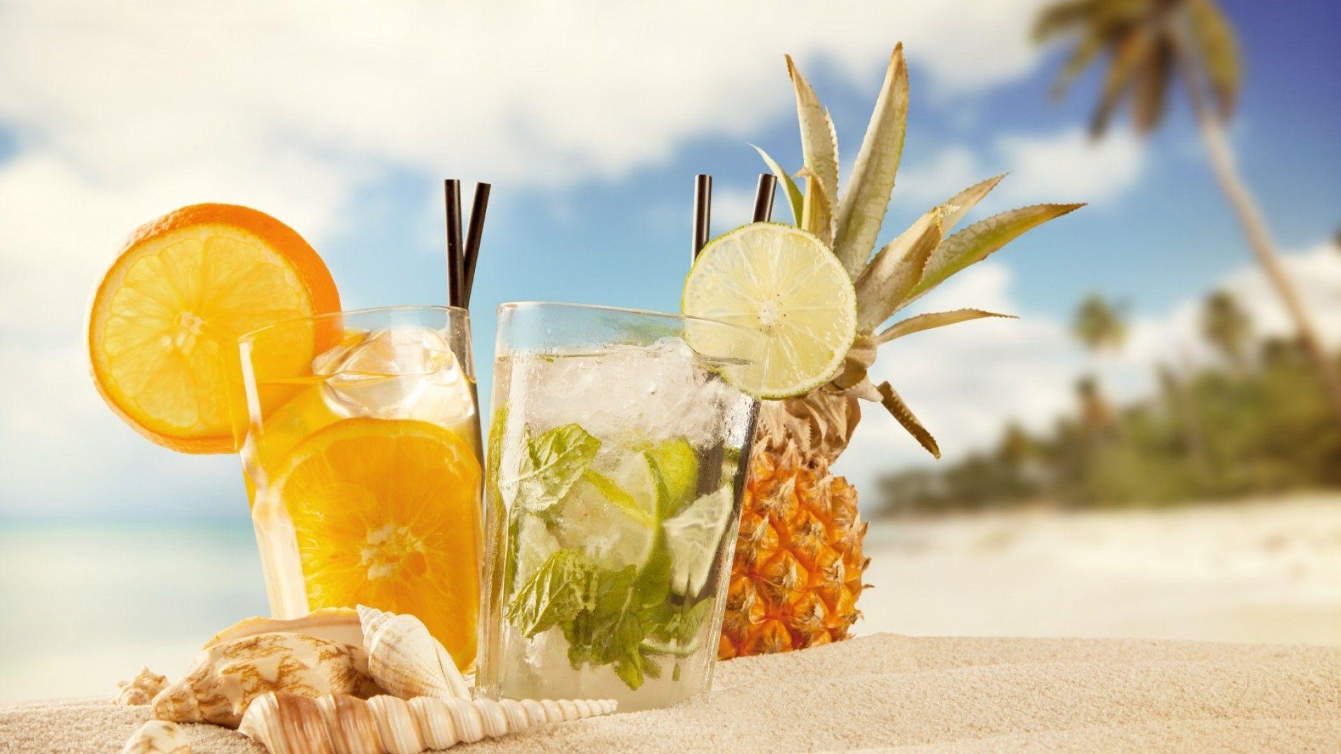 1920x1080 Wallpaper cocktails, ice, fruit, orange, pineapple, beach