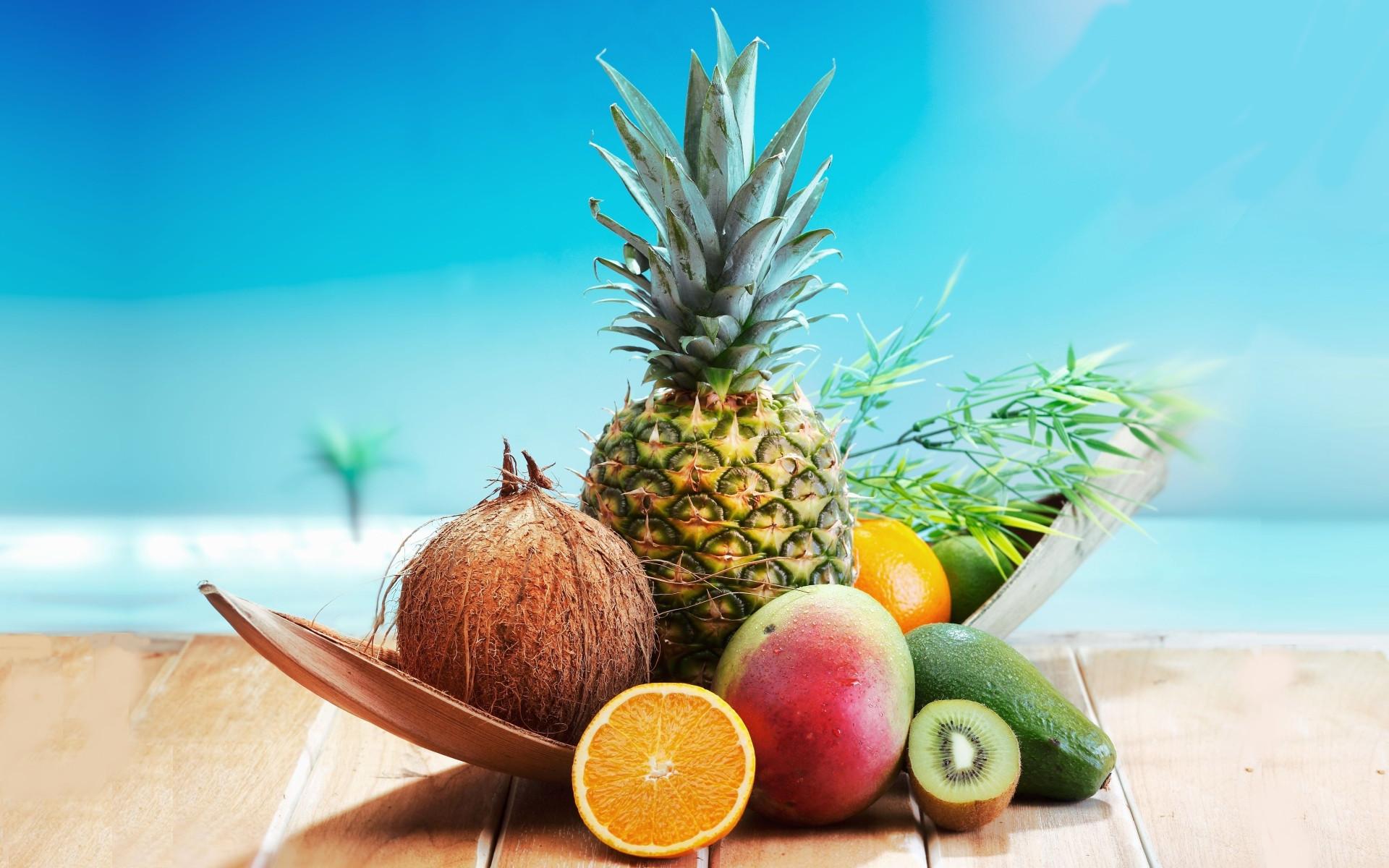 1920x1200 A pineapple, coconut, oranges, avocado and apple