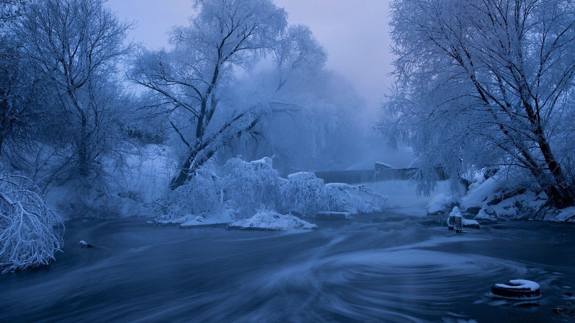 1920x1080 Download 1920x1080 Snow, Foggy, Dawn, Winter, Waterfall