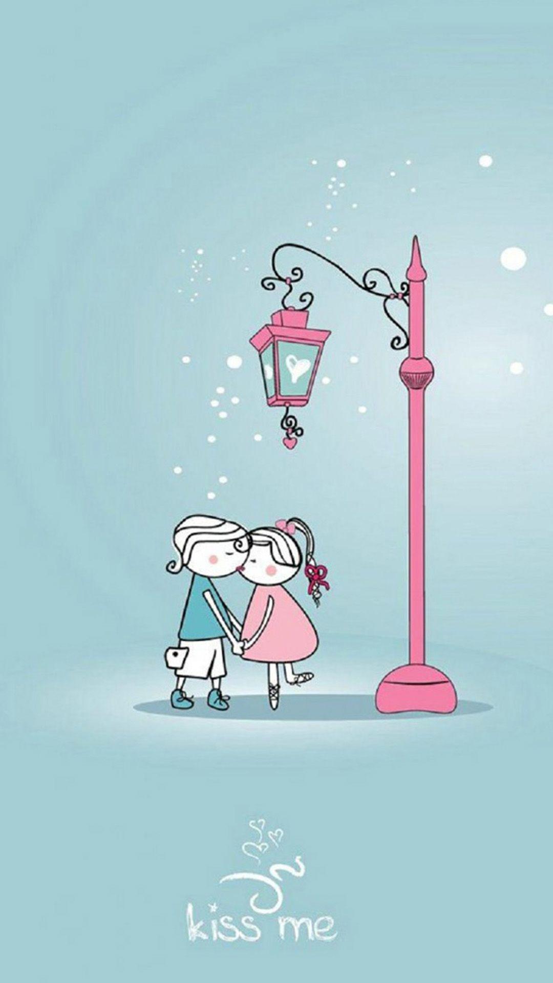 1080x1920 Anime Cartoon Sweet Lover Couple Kissing Winter Street Light
