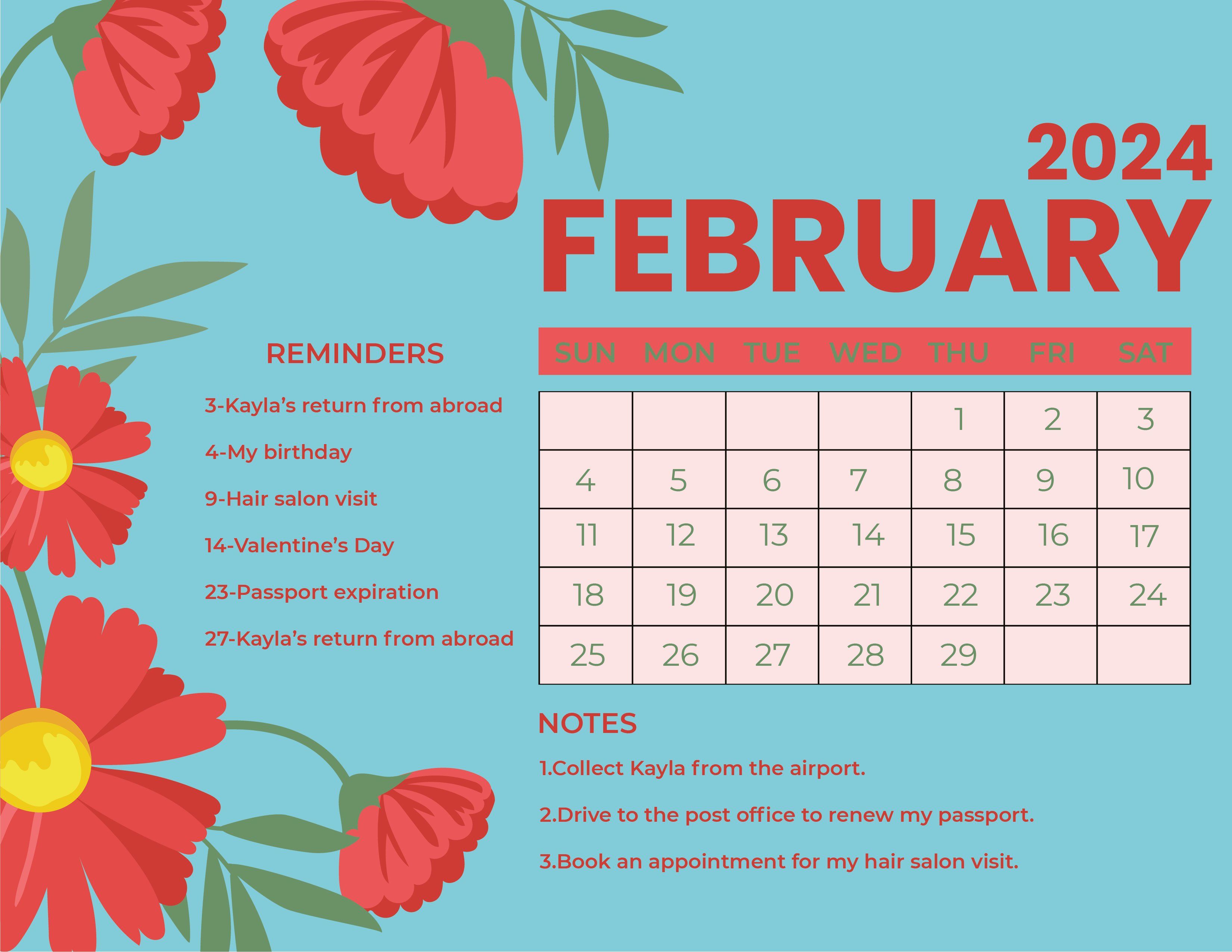3301x2551 Floral February 2024 Calendar in EPS