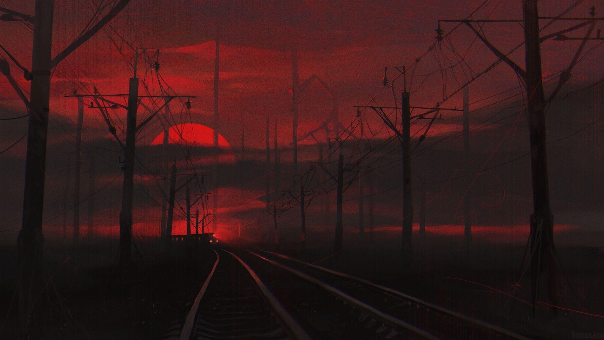 2048x1152 Tải xuống hình nền 2048x1152 đường sắt, đêm, nghệ thuật, tối, màu đỏ