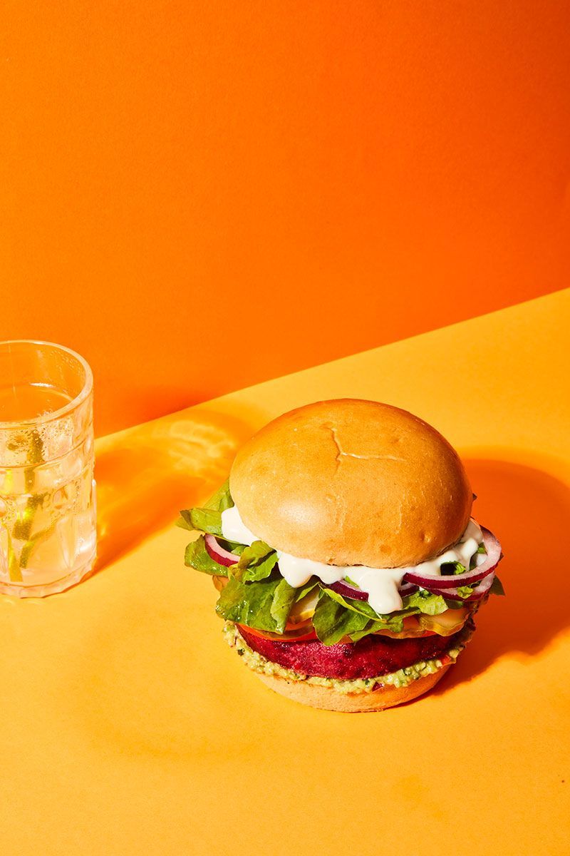 800x1200 Vegetarian burger on plain yellow