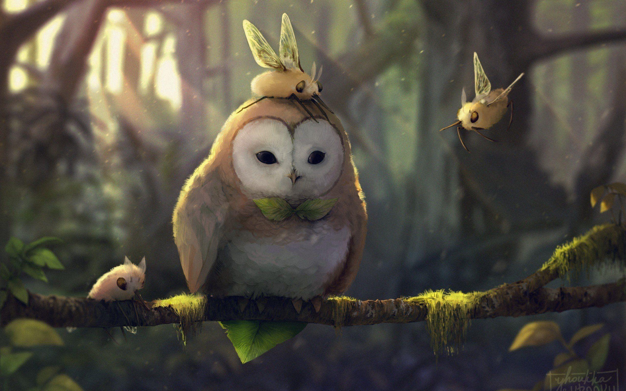 2560x1600 fantasy art, Artwork, Pokémon, Rowlet (Pokémon), Cutiefly