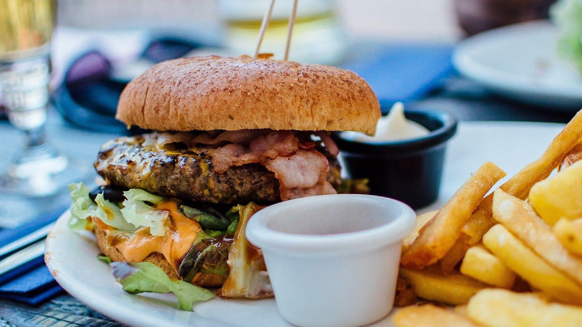 1920x1080 French Fries and Meat Burger HD Wallpaper