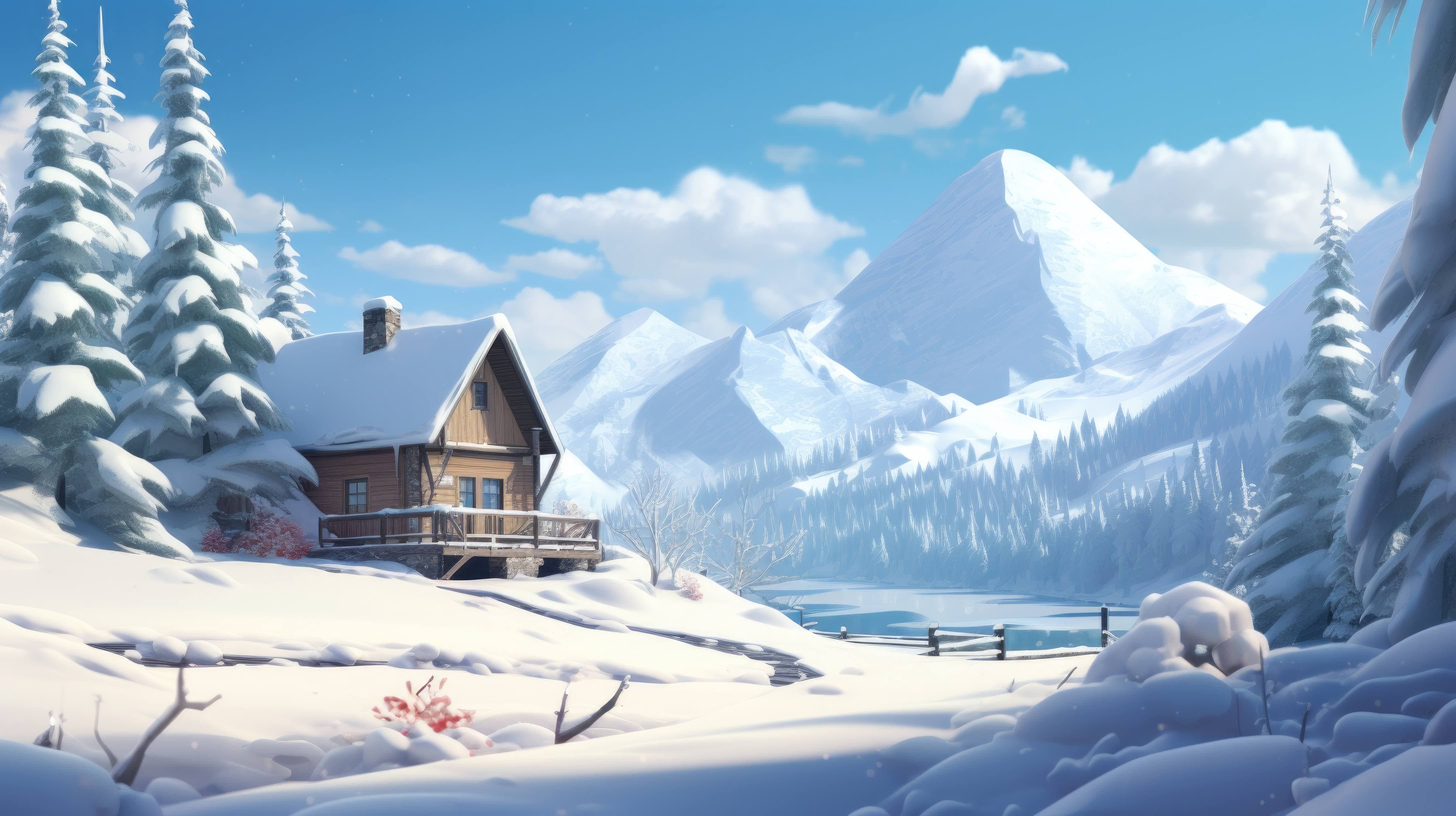4368x2448 A desktop wallpaper of a mountain cabin