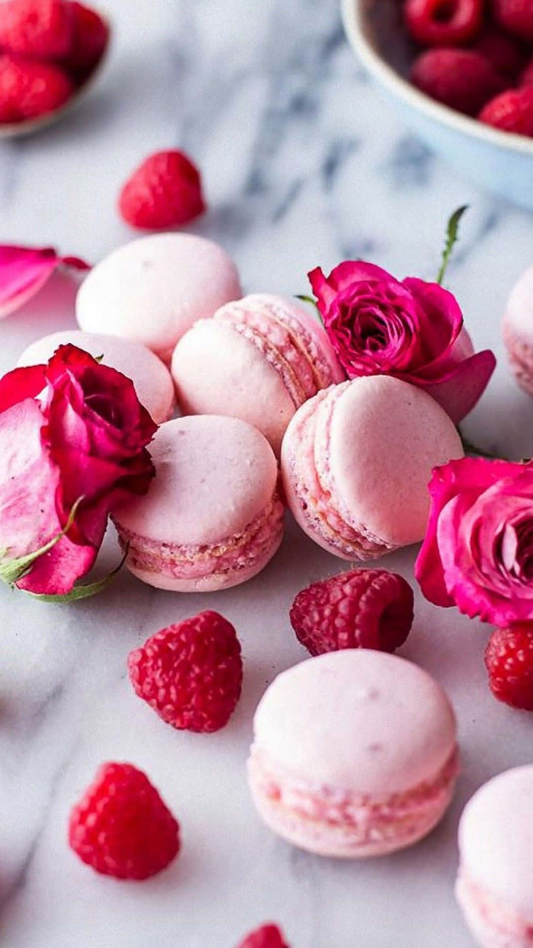 1080x1920 Download Pink Macarons And Roses Dessert iPhone Wallpaper