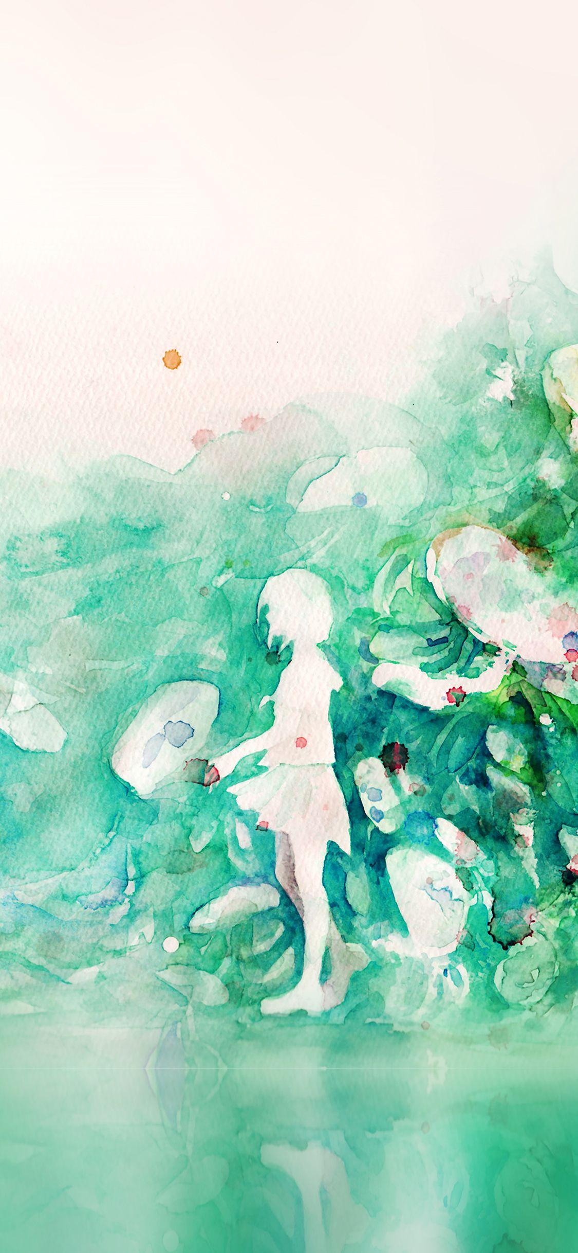 1125x2436 iPhone wallpaper. watercolor green girl