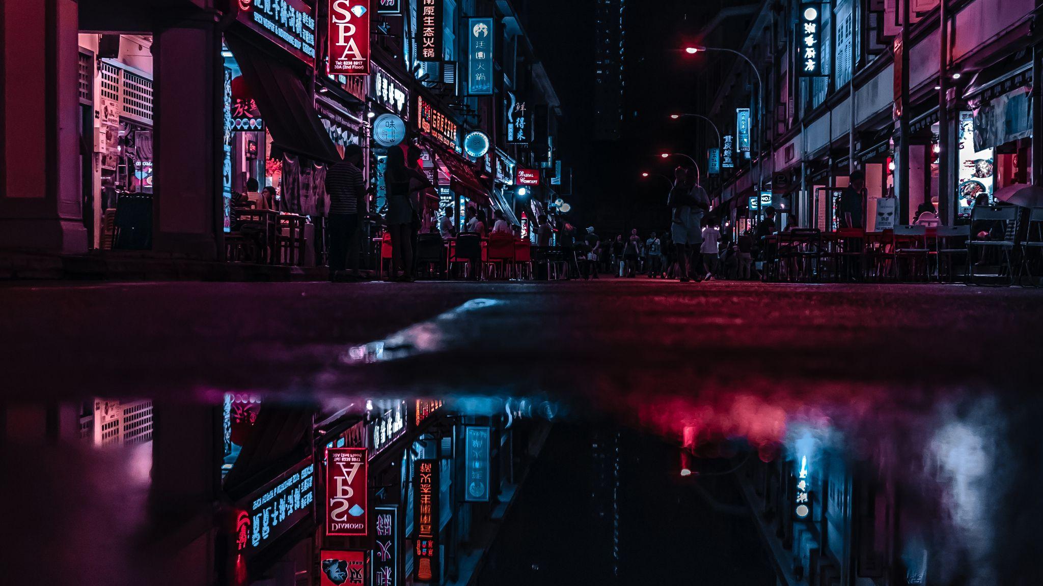 2048x1152 Sự phản chiếu của đèn thành phố Neon Châu Á 2048x1152
