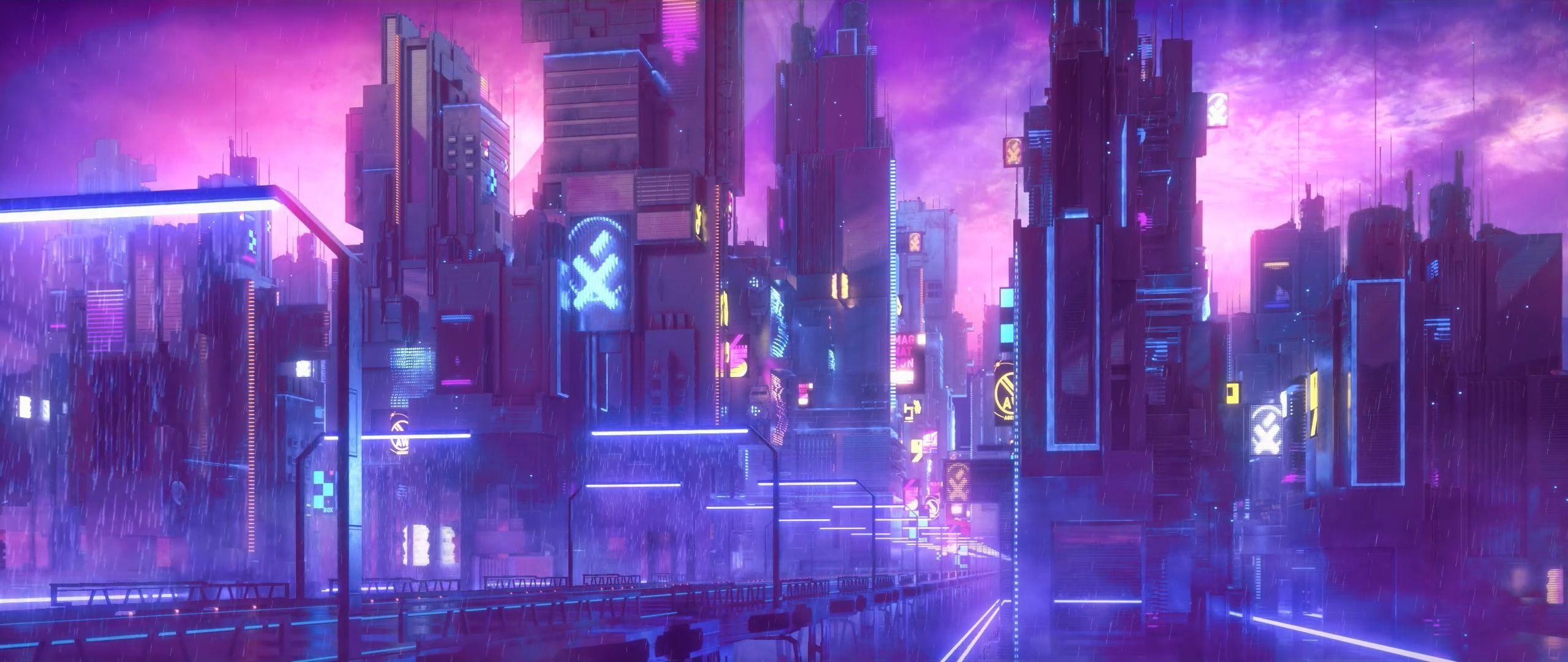 Hình nền kỹ thuật số hoạt hình thành phố 2560x1080, cyberpunk, neon HD