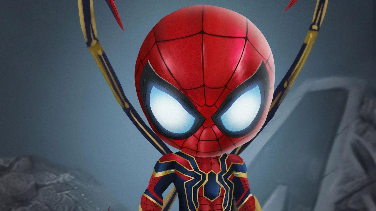 1280x720 Wallpaper Chibi, Spider Man: Far From Home, Iron Spider, 4K
