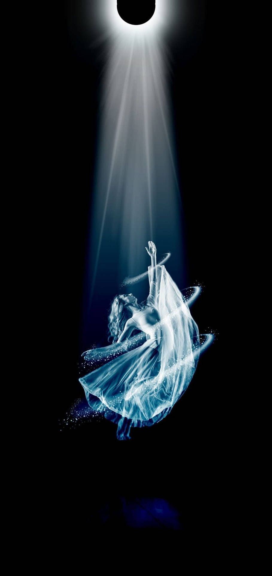 909x1920 Download Caption: Stylish Realme 6 Punch Hole Wallpaper Showcasing Eclipse and Dancing Woman. Wallpaper