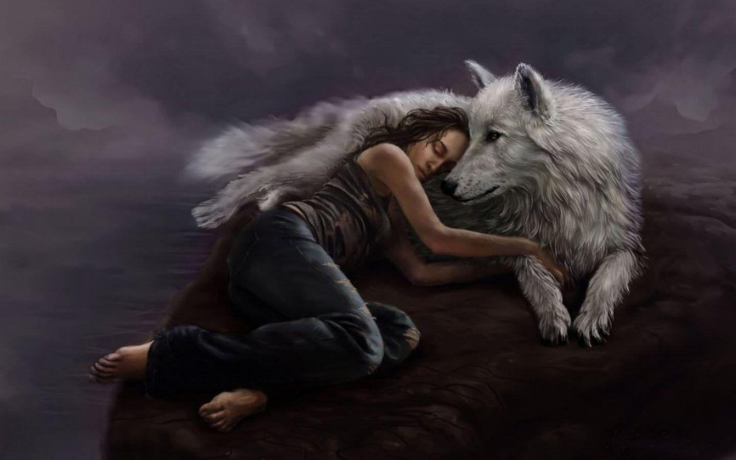 HD wallpaper Sweet Love brown and white wolf and brown haired woman  lovely  Wallpaper Flare