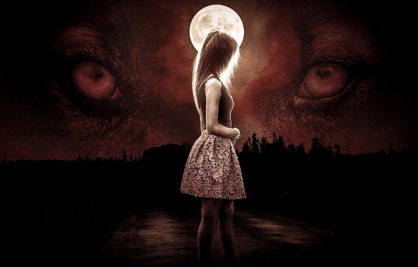 1332x850 Wallpaper girl, moon, forest, dress, eyes, night, wolf