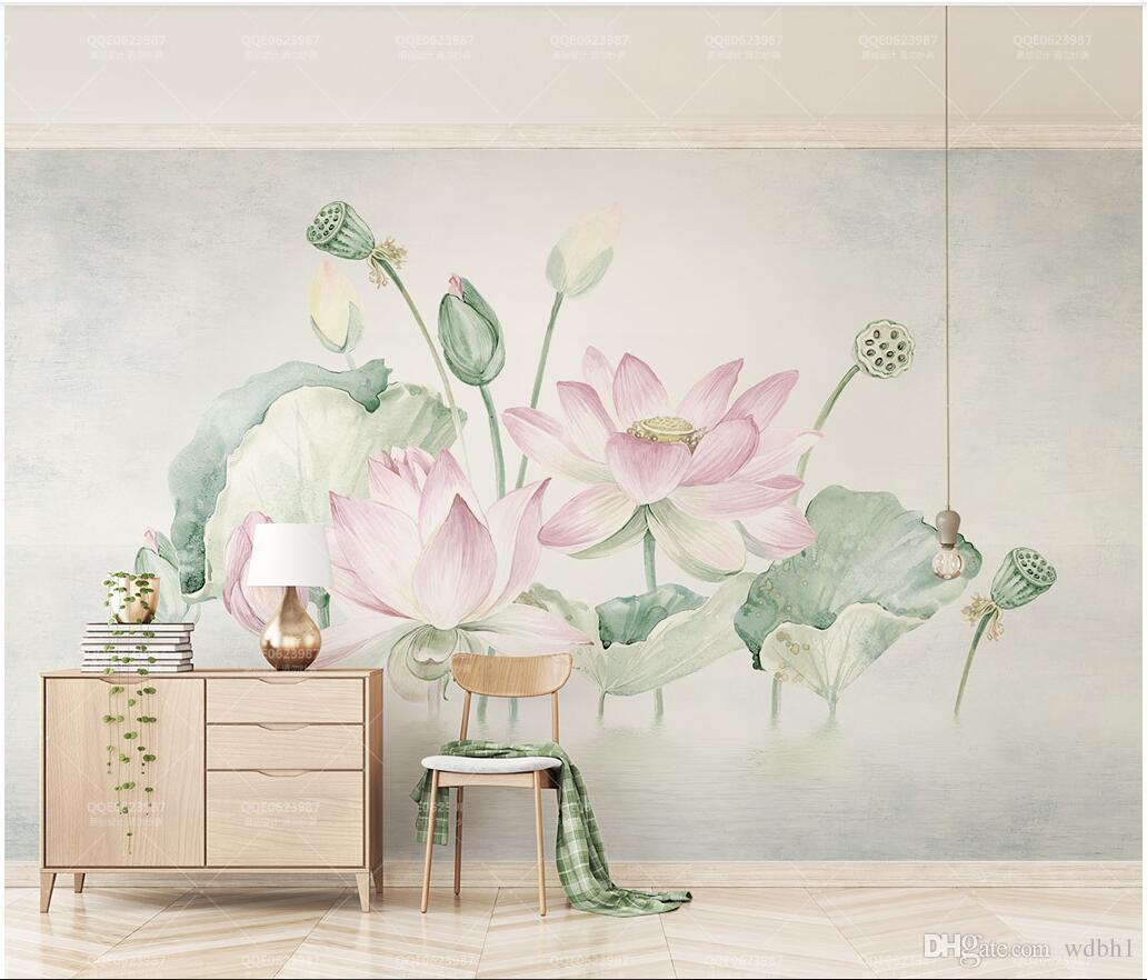 1032x882 3D Wallpaper Custom Photo Small Fresh Pink Hand Painted Lotus Flowers Lotus Leaf Lotus TV Background Wall Muals Wall Paper For Walls 3 D