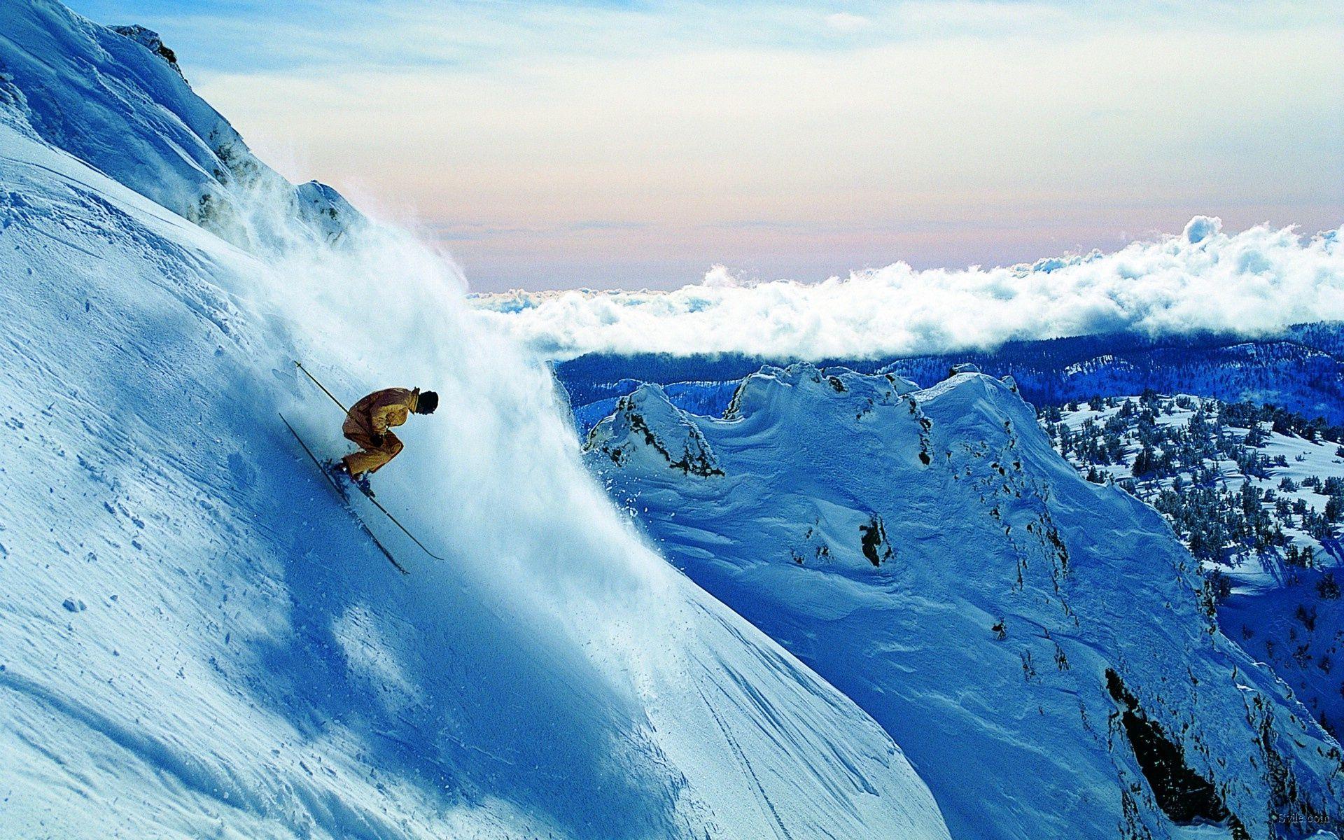 1920x1200 Mountains winter snow sky people extreme ski clouds