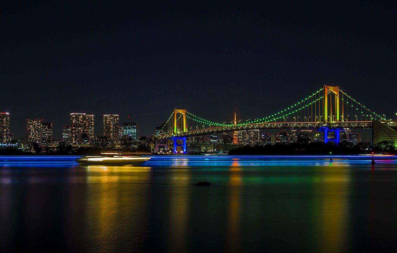 1332x850 Wallpaper lights, the building, Tokyo, Japan, Rainbow Bridge