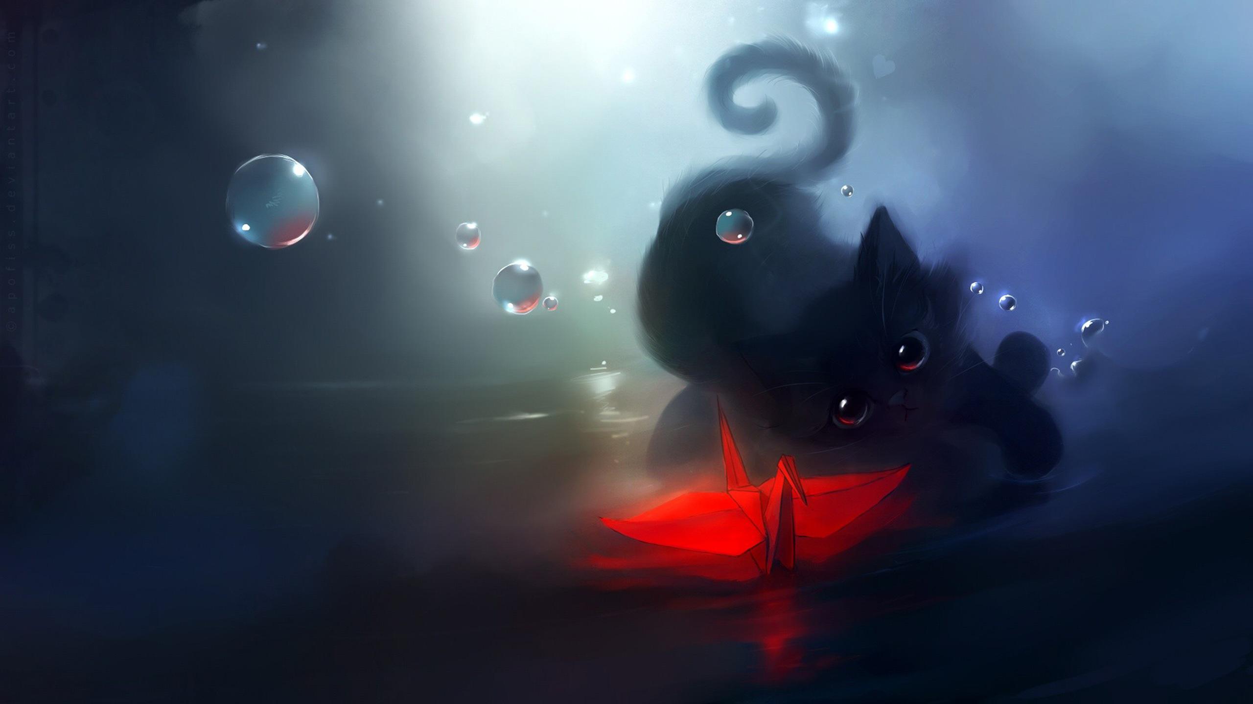 2560x1440 Kitten (Cartoon, Paper Crane, Bubbles) Cat Wallpaper