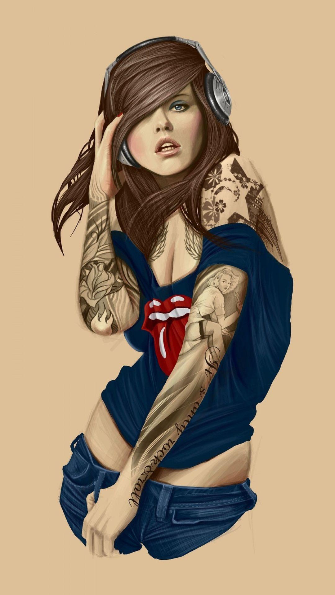 1080x1920 Cartoon Girl Tattoos Music Headphones iPhone 6 Plus HD
