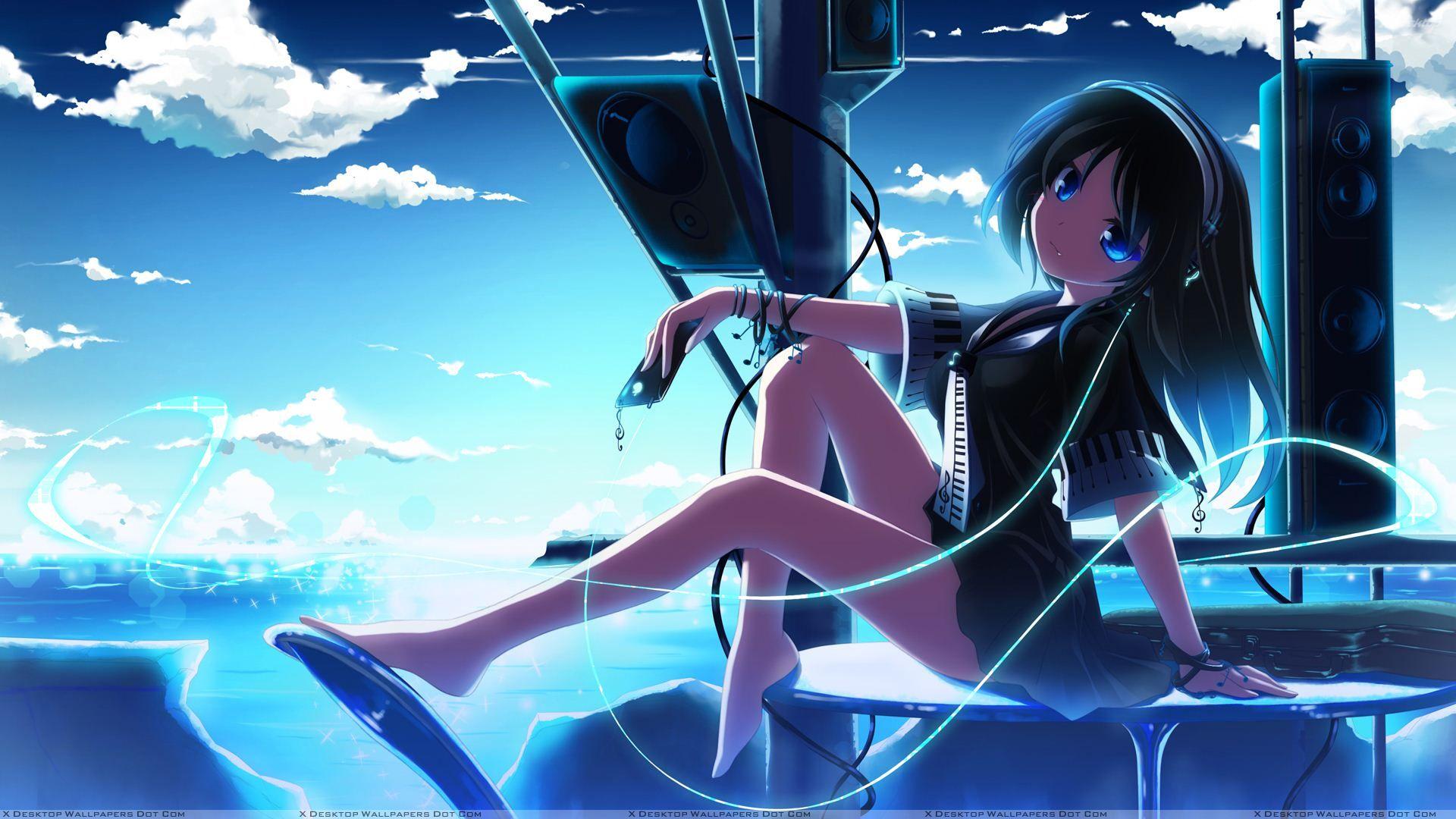 1920x1080 Cartoon Girl Sitting And Listening Music Wallpaper