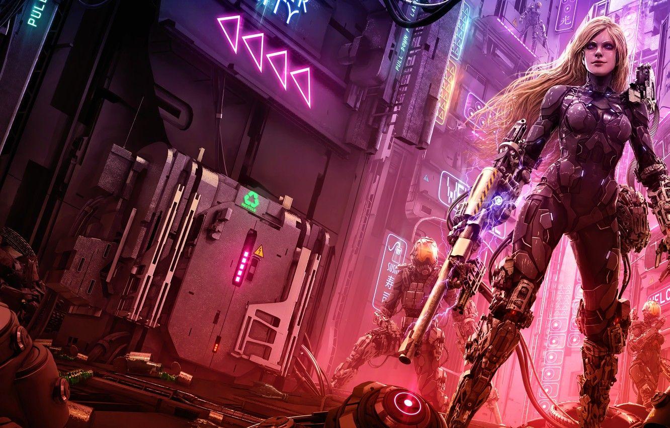 1332x850 Hình nền nghệ thuật, Neon, Cyberpunk, đàn bà, vàng, Cảnh thành phố, tương lai, Hình ảnh áo giáp tương lai cho máy tính để bàn, phần фантастика