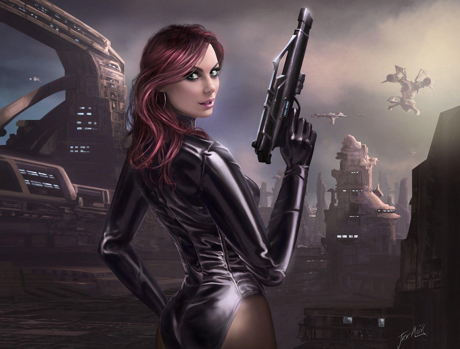 1920x1458 Artwork, Futuristic, Woman, Gun, Cool wallpaper. games