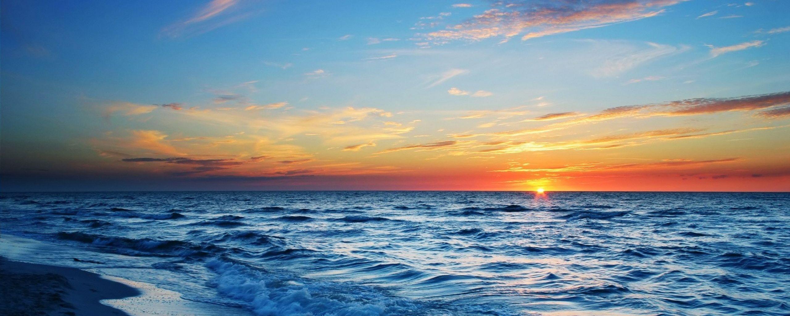2560x1024 Download Wallpaper 2560x1024 Sea Foam Surf Horizon Sunset Dual