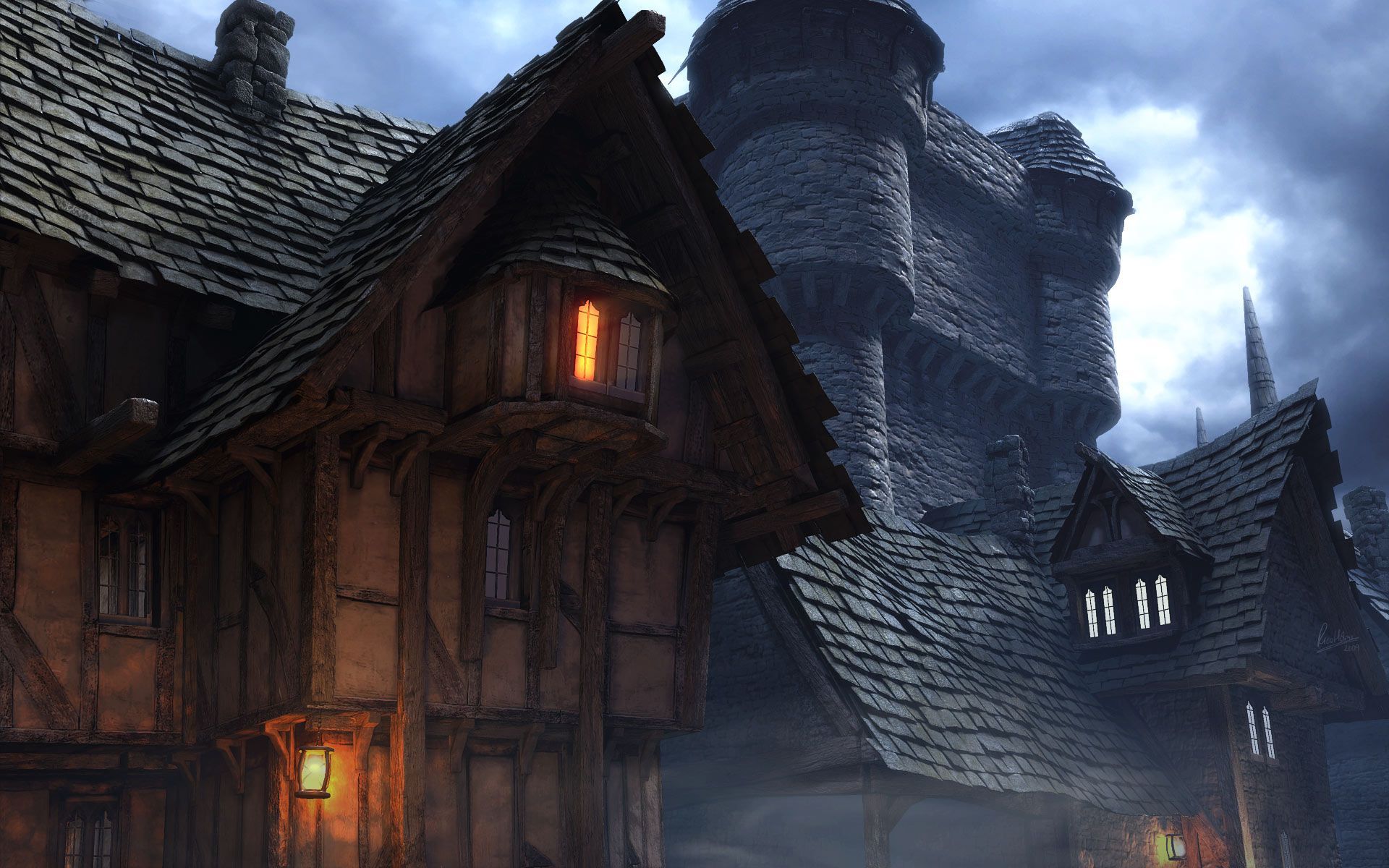 1920x1200 Fantasy castle, Tavern, Fantasy landscape