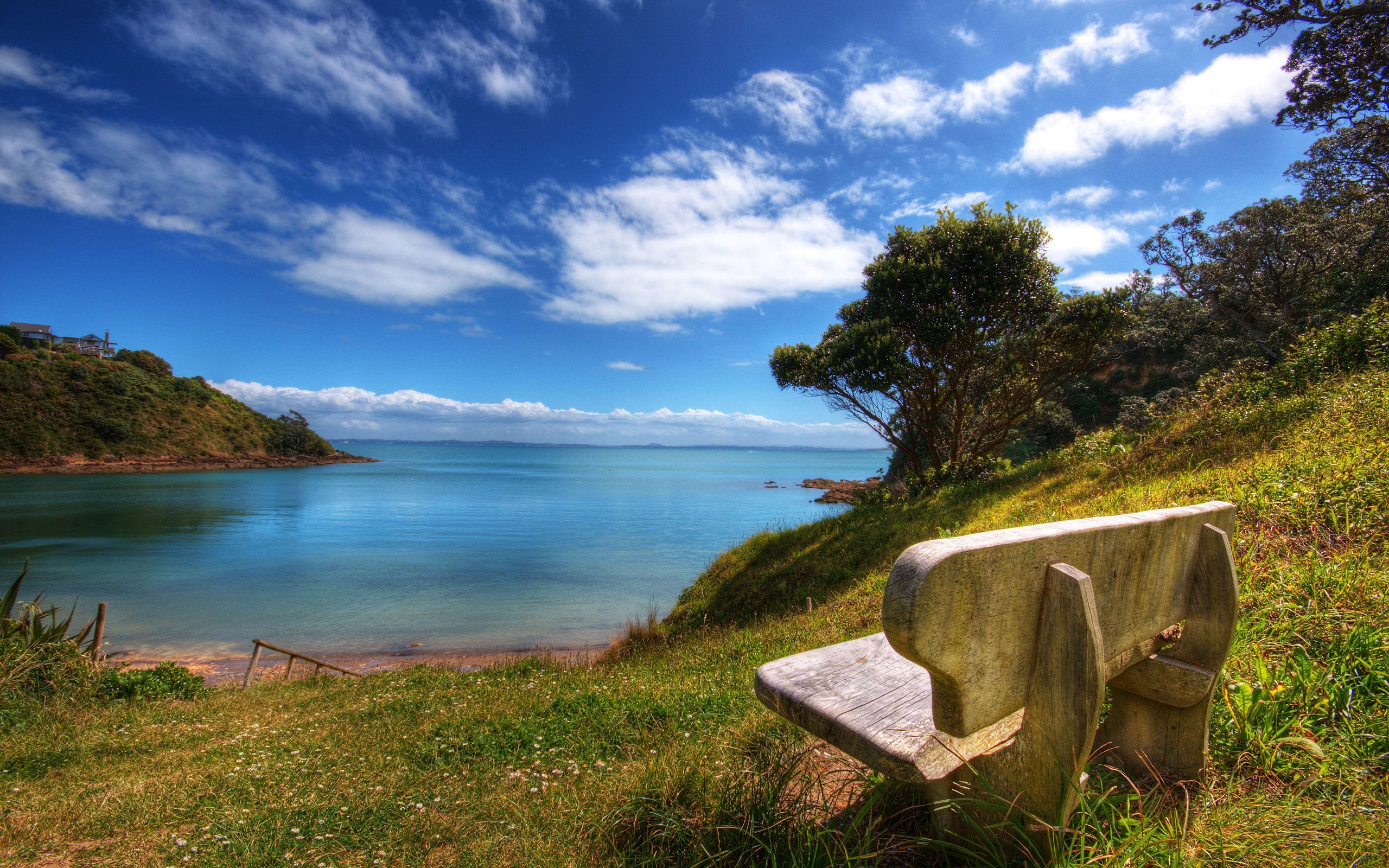 3840x2400 Landscape 4K Ultra HD Wallpaper. Wallpaper 3840x2400 Bench, Sea