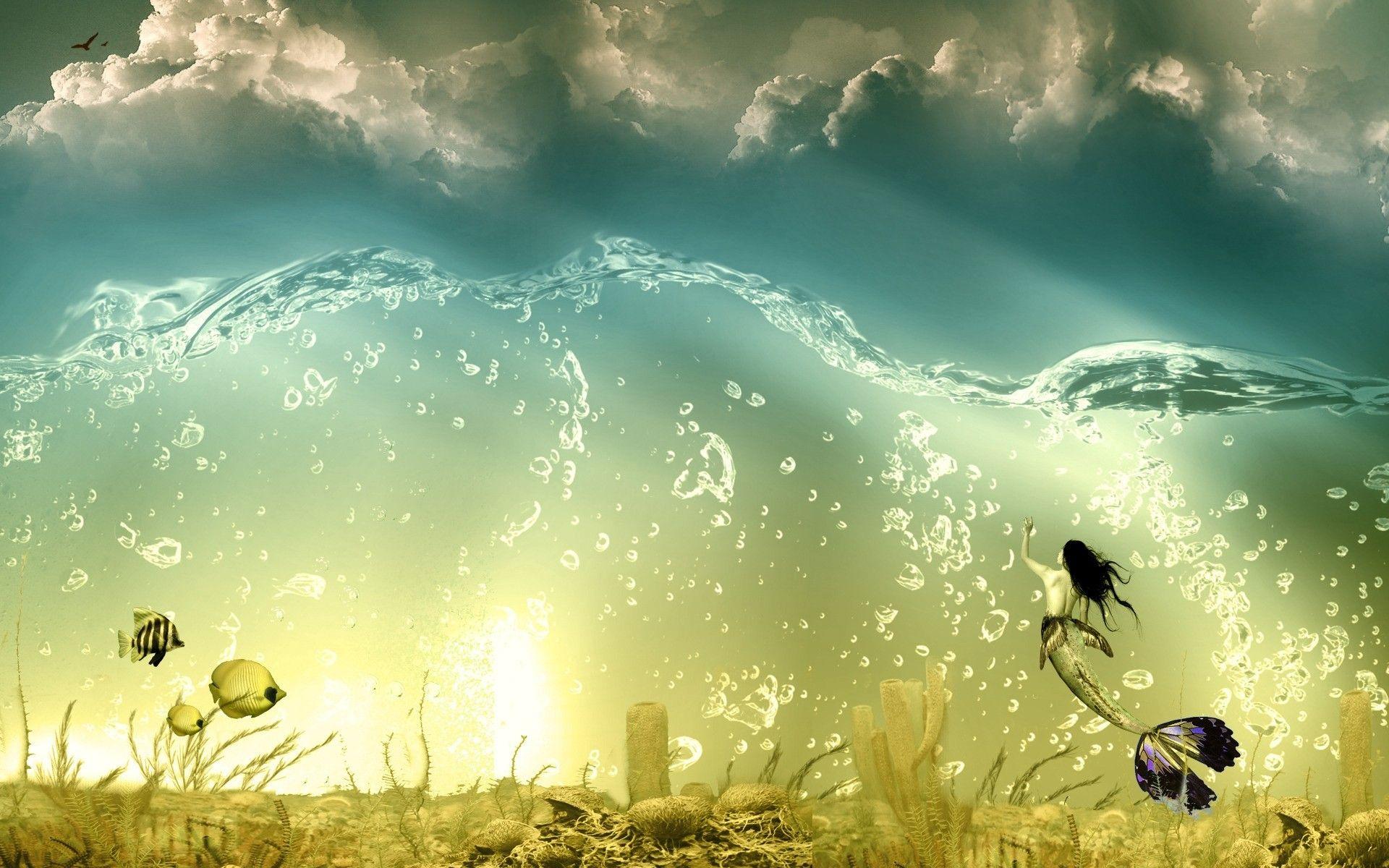 1920x1200 water, clouds, fish, surreal, bubbles, fantasy art, mermaids