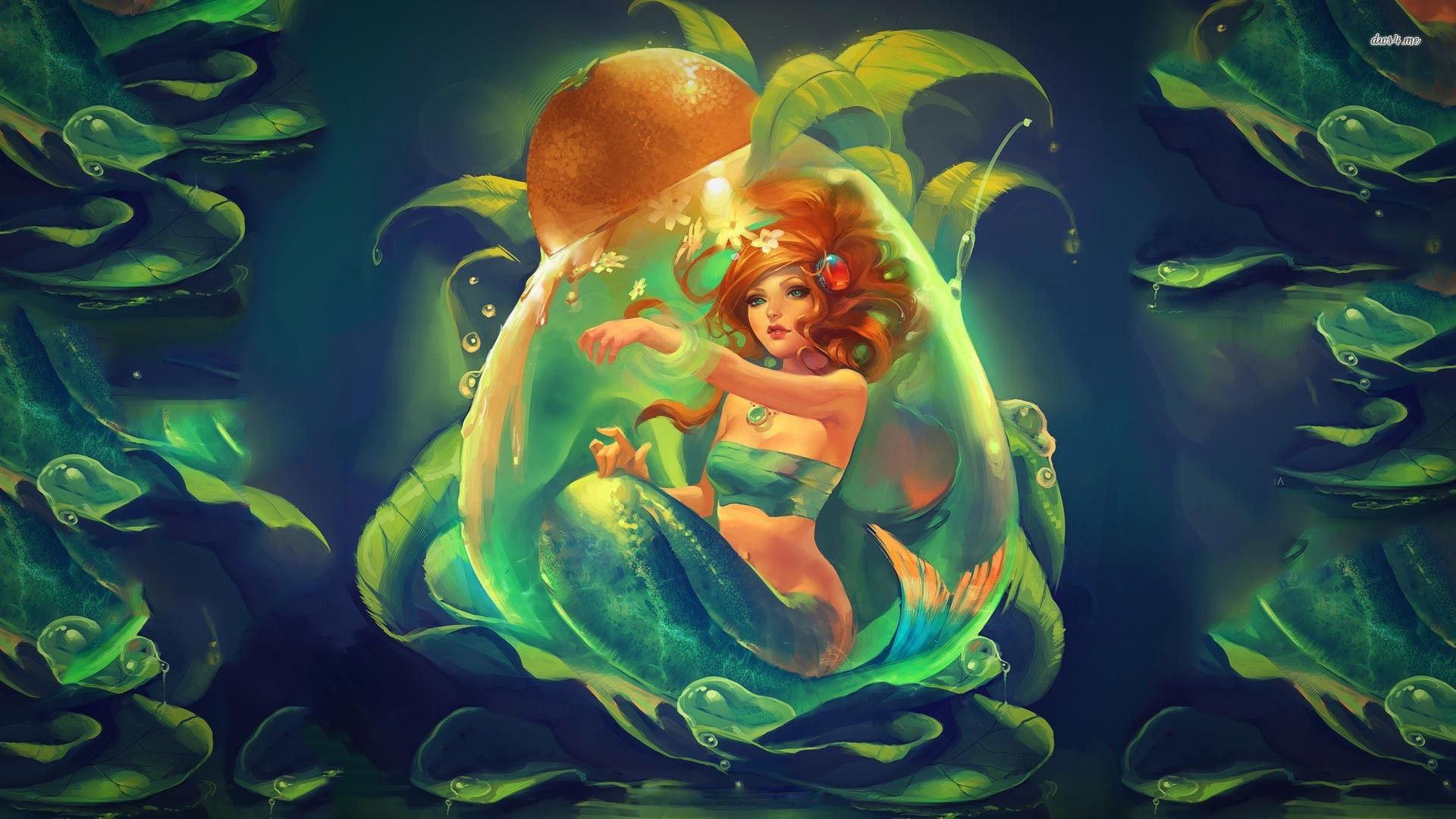 1920x1080 Mermaid in an orange bubble wallpaper. Wallpaper Wide HD