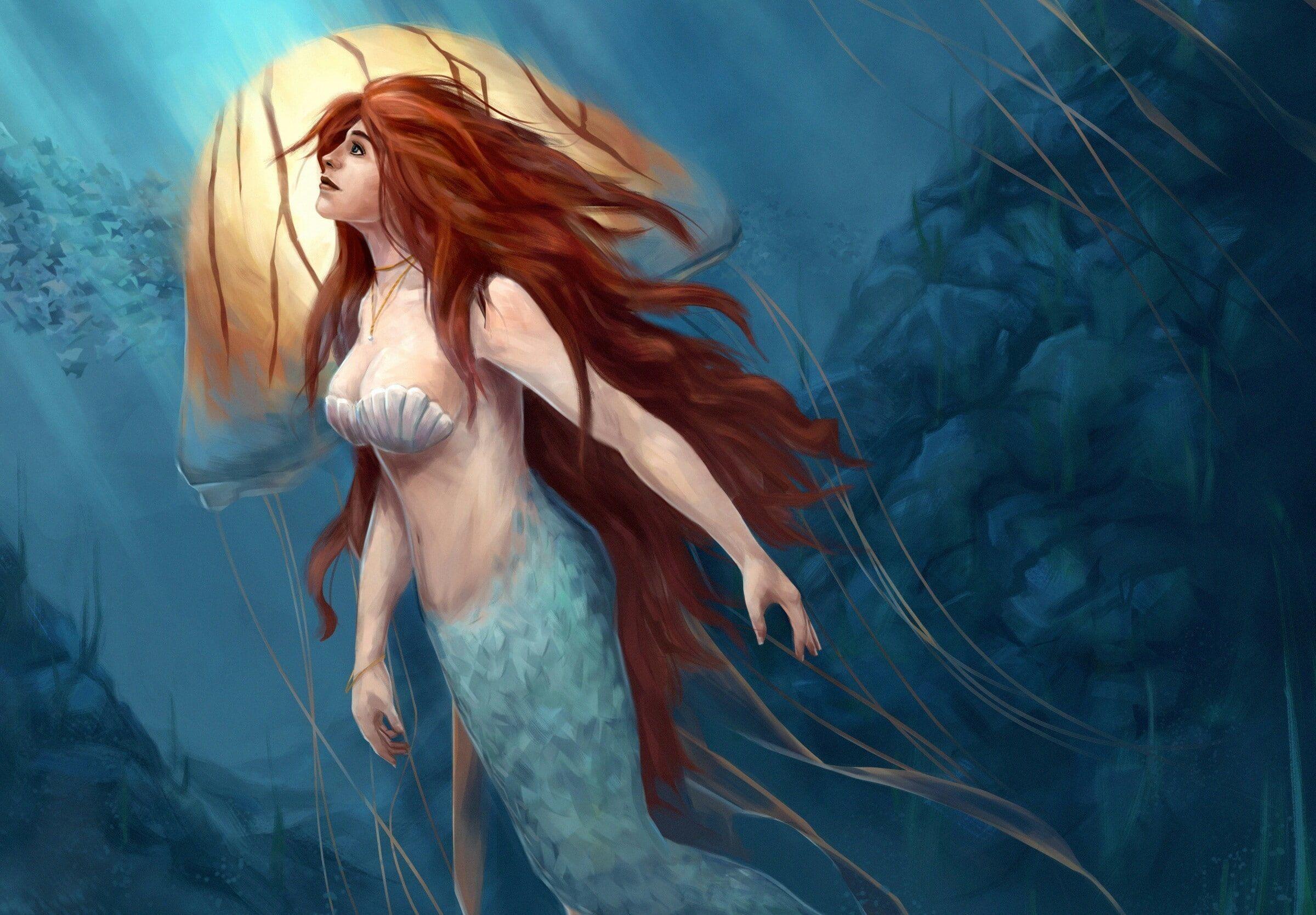 2400x1669 HD wallpaper: mermaid painting, mermaids, sailboats, birds