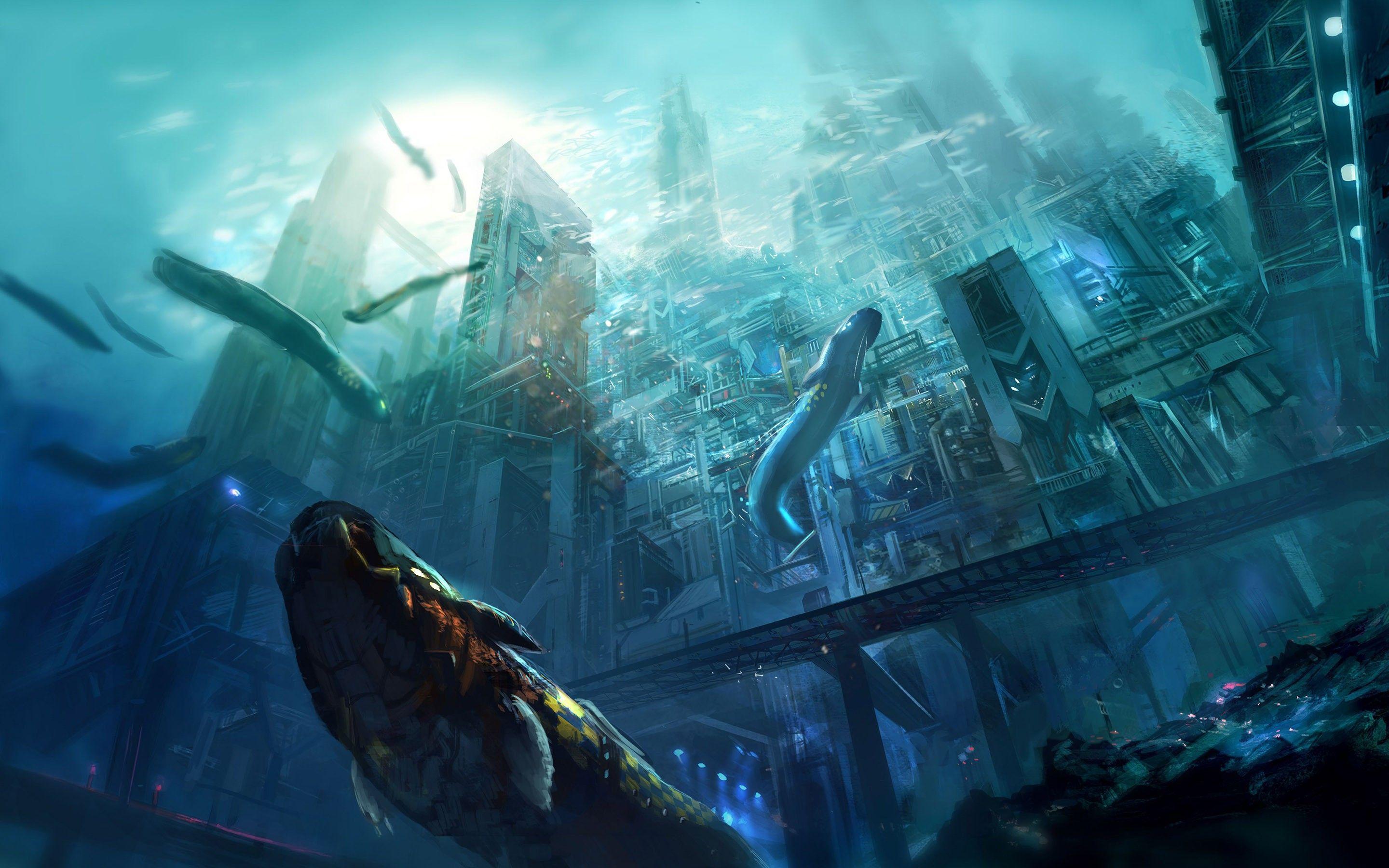 2880x1800 General 2880x1800 artwork concept art city underwater sea