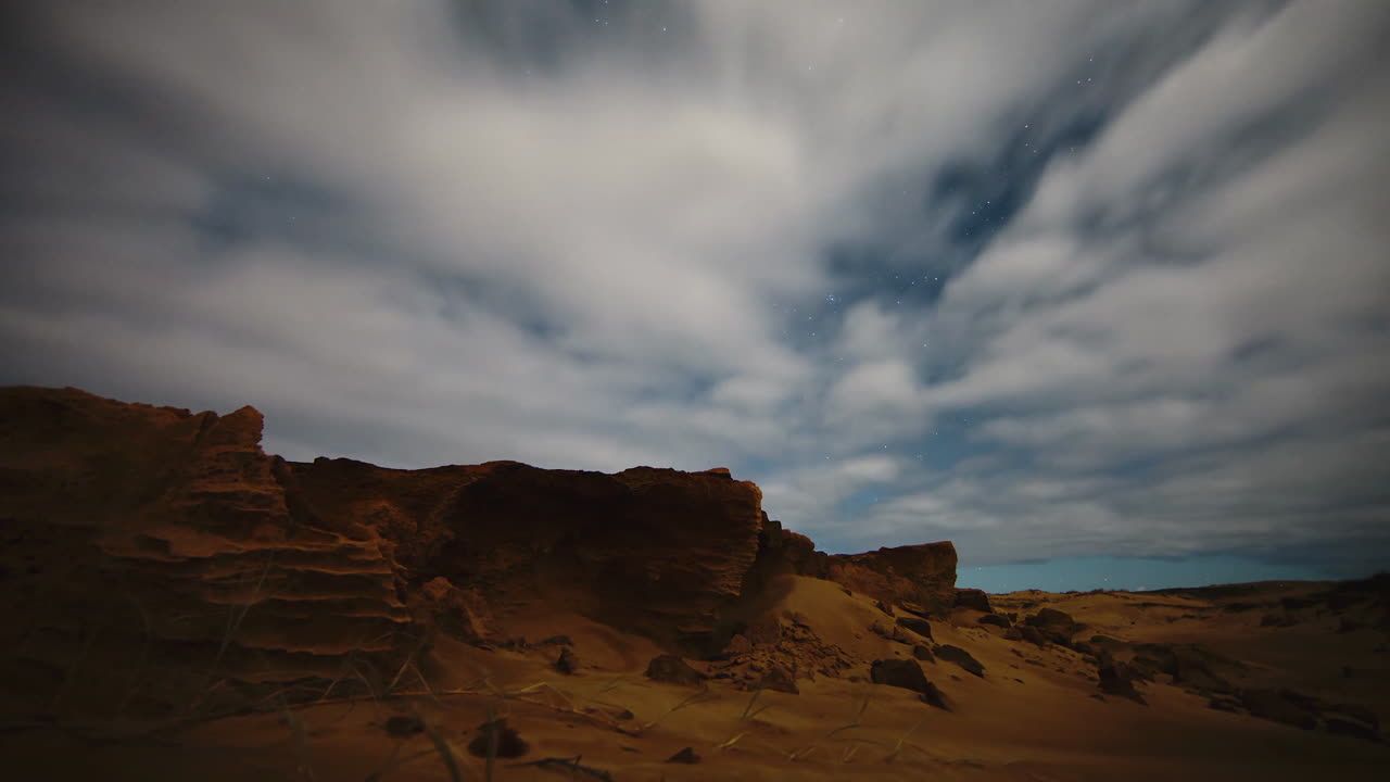 1280x720 heavy clouds moving fast over dune scape
