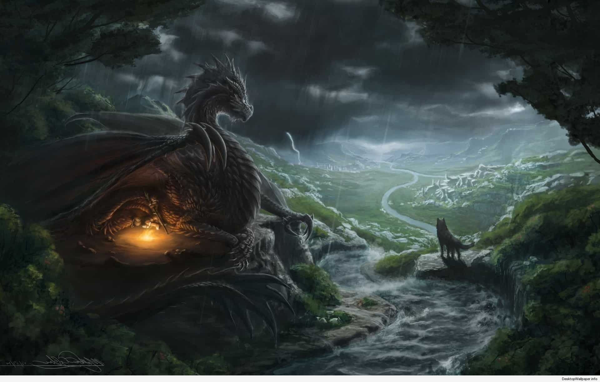 1920x1221 Red Dragon and Wolf Wallpaper