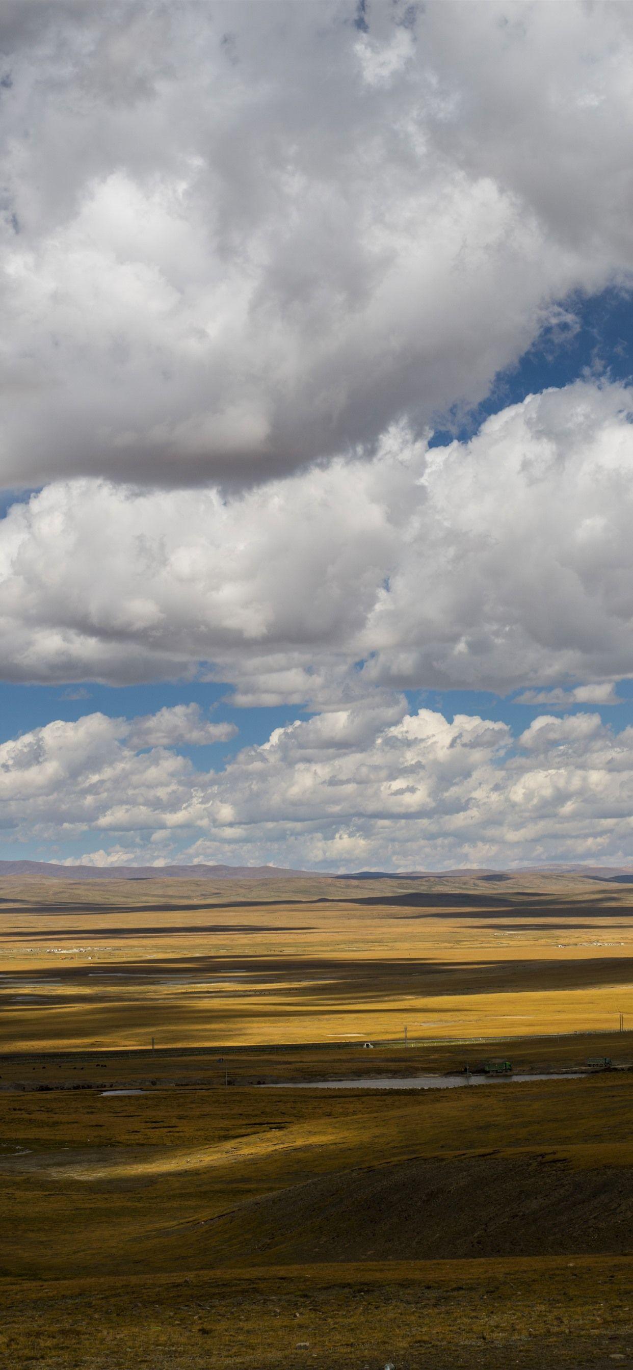 1242x2688 Beautiful grassland, clouds, sky, shadow, Tibet, China