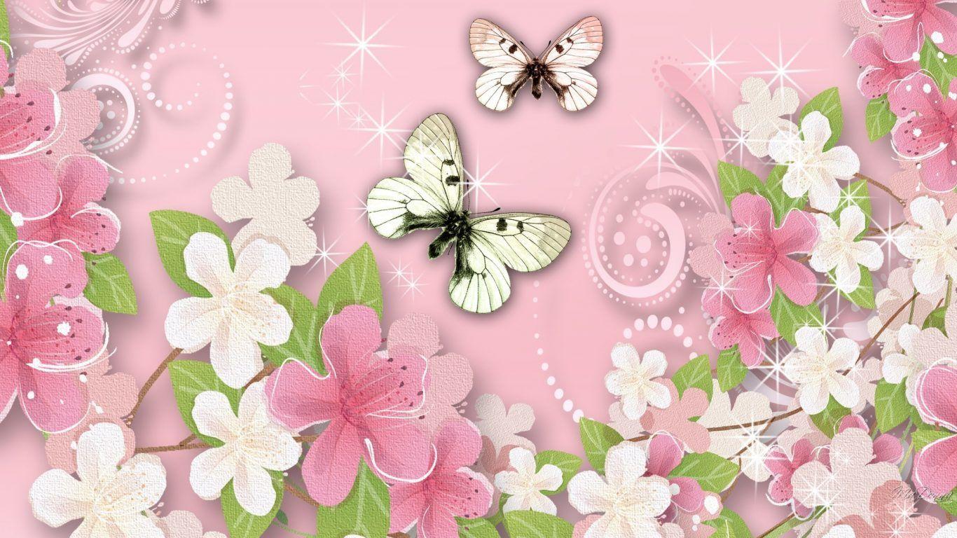 1366x768 Flower: Pink White Blossoms Butterflies Flowers Blooms Summer