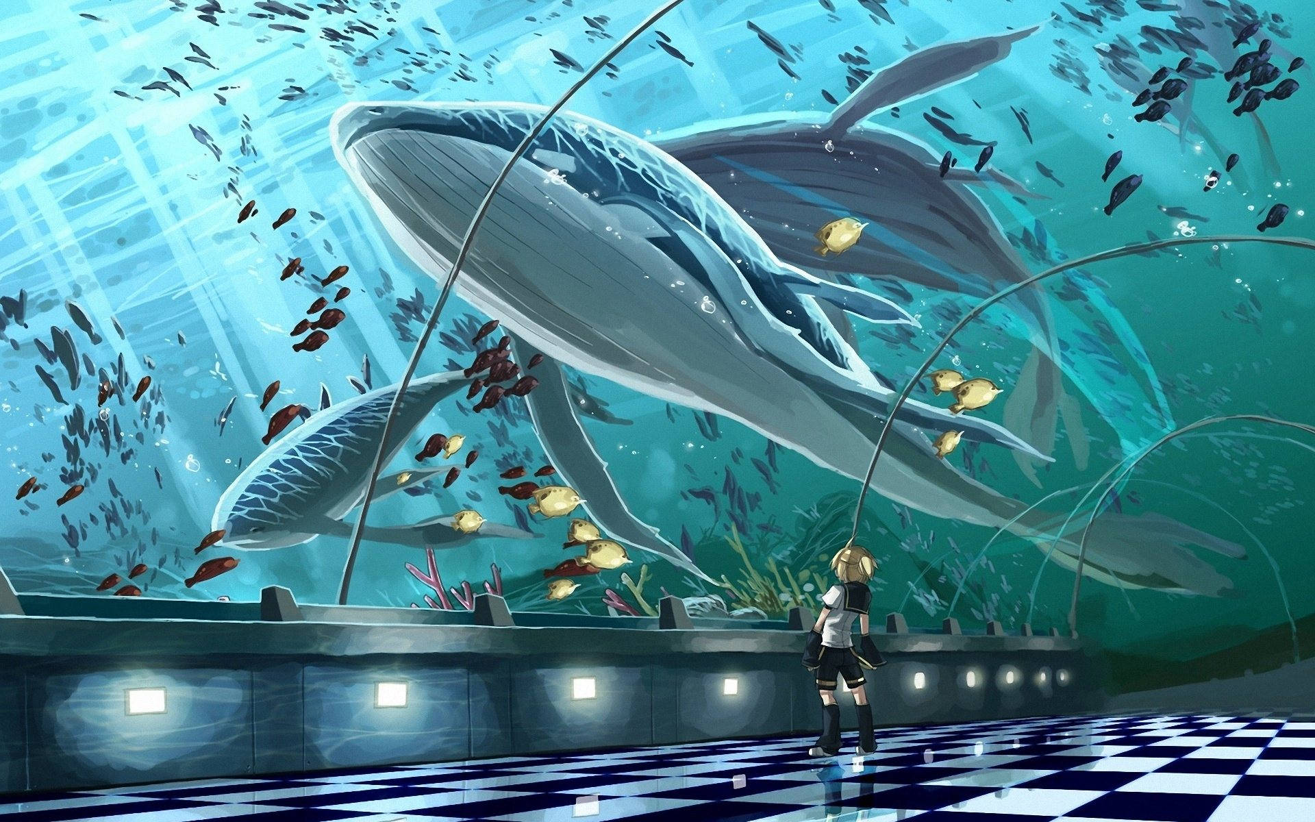 1920x1200 Big Whales In Tunnel Aquarium Wallpaper