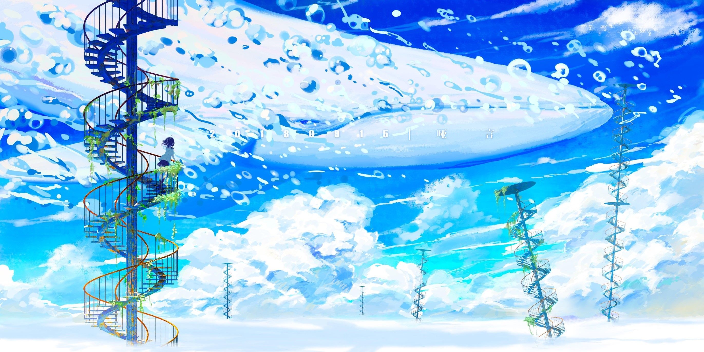 2742x1371 sky, anime, yayan, whale, HD Wallpaper