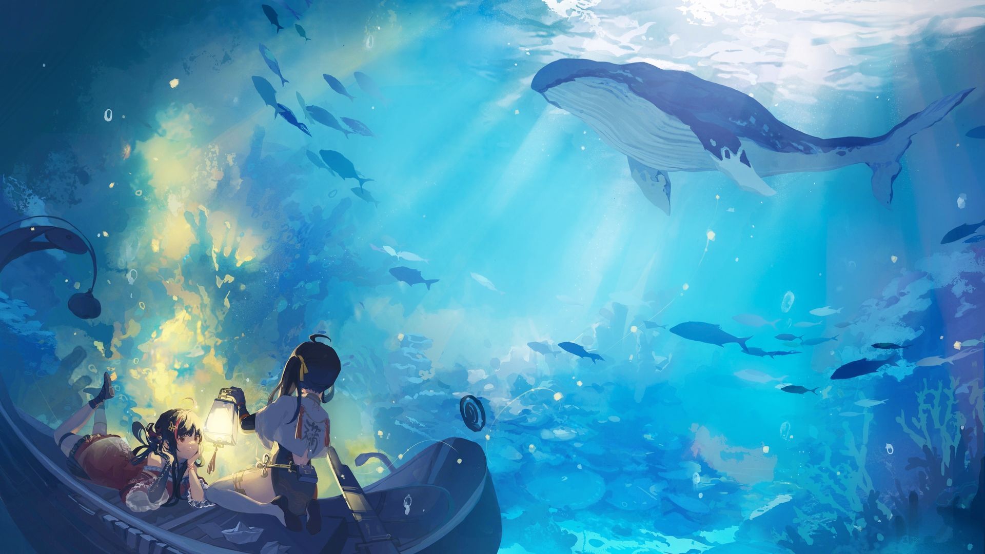 1920x1080 Gray Raven, ocean view, whale, anime