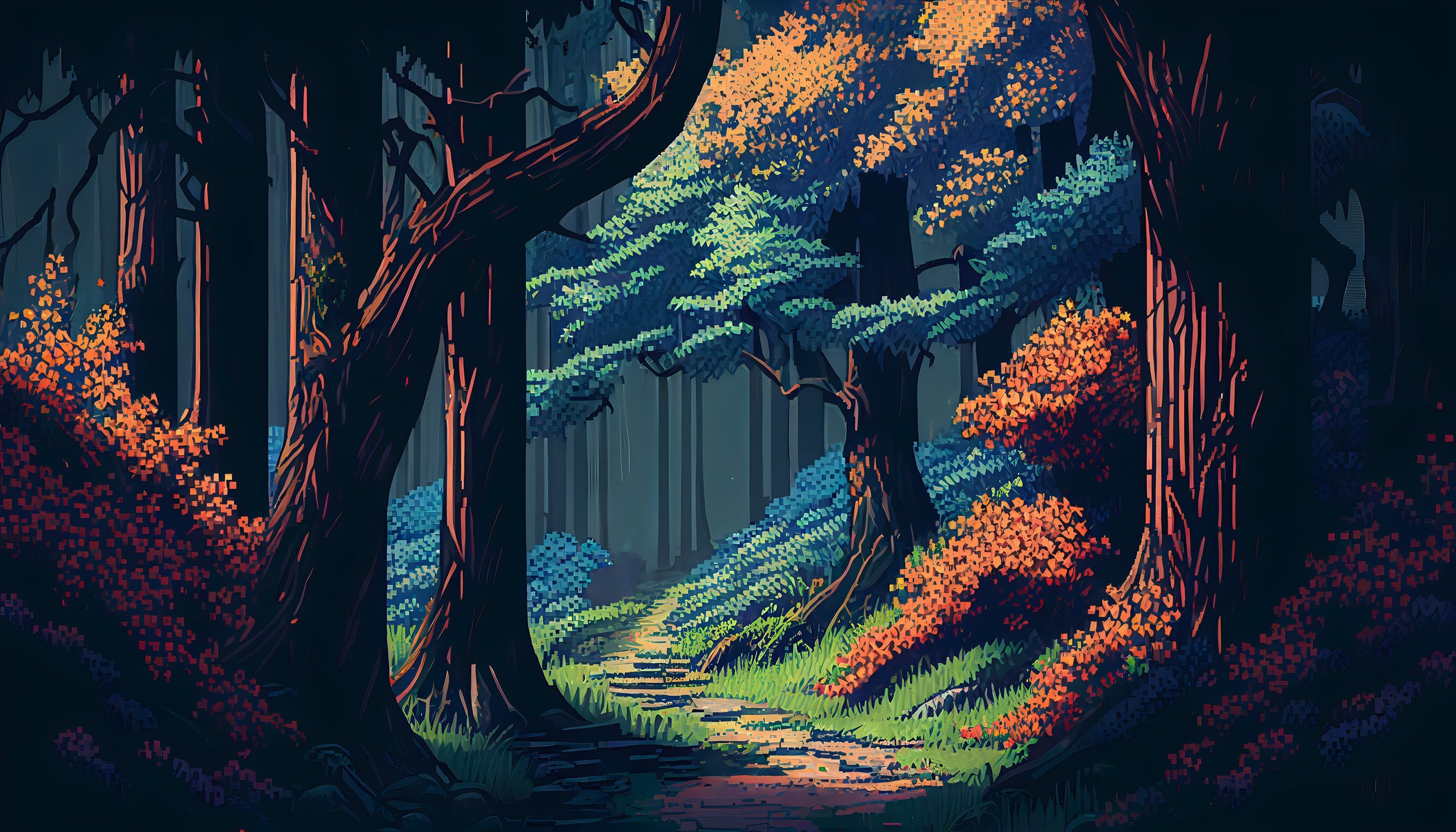3000x1714 Pixel Art Enchanted Forest Background