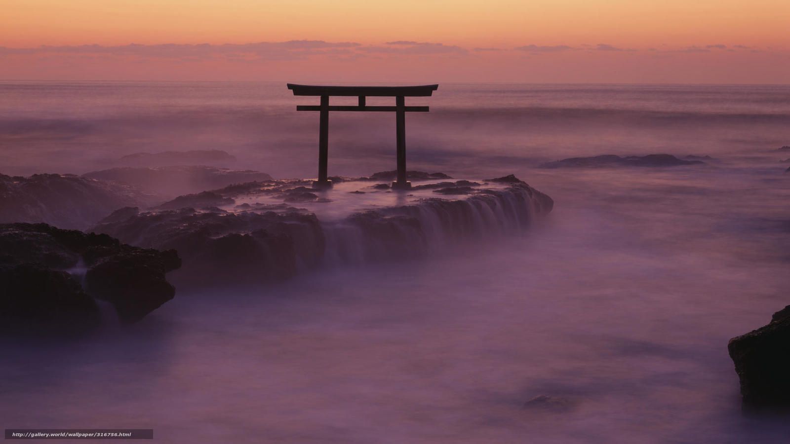 1600x900 wallpaper Japan, gate, rocks, fog free